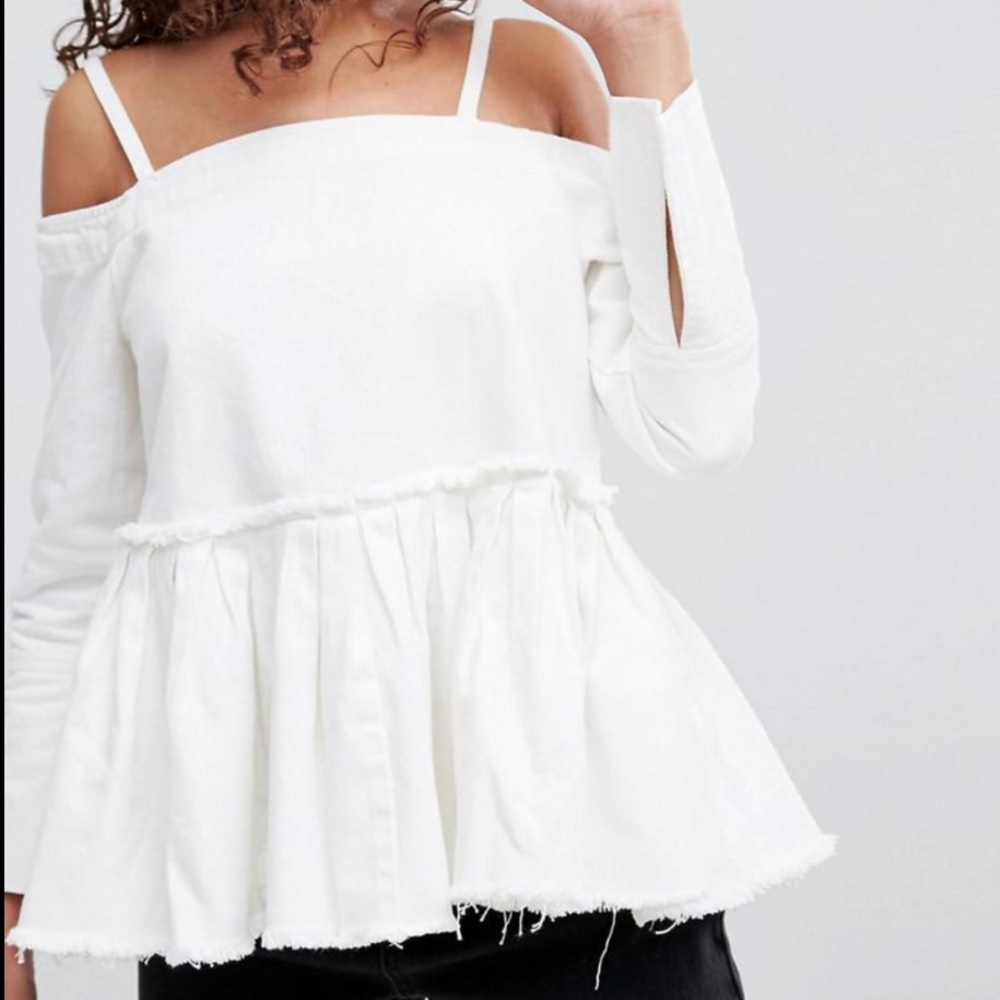 ASOS cold shoulder white denim peplum top size 6 small